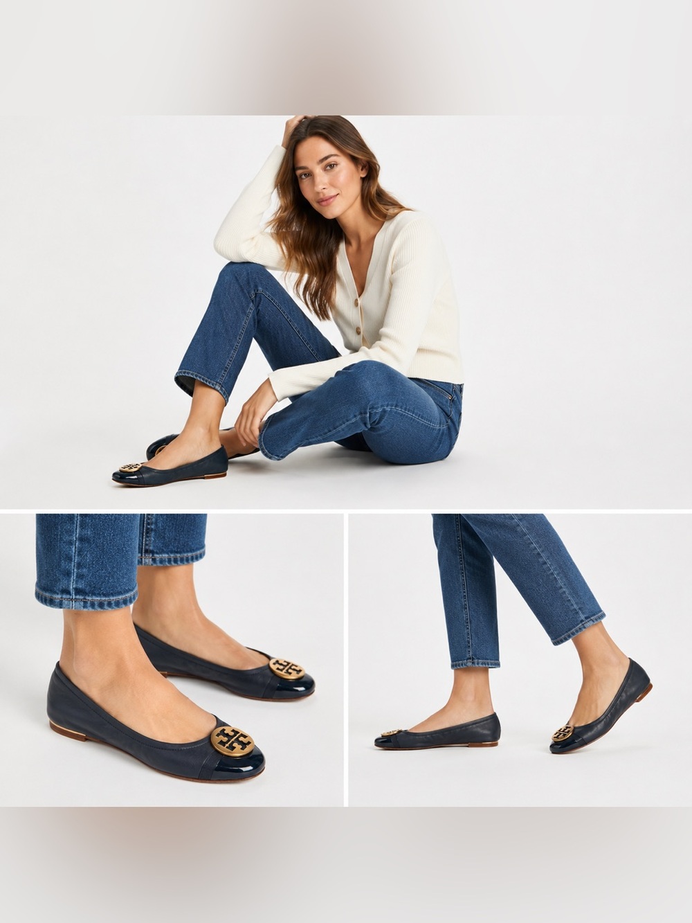 Tory Burch Minnie Patent Cap-Toe Navy Blue Gold Logo Slip On Ballet Flats SZ 9